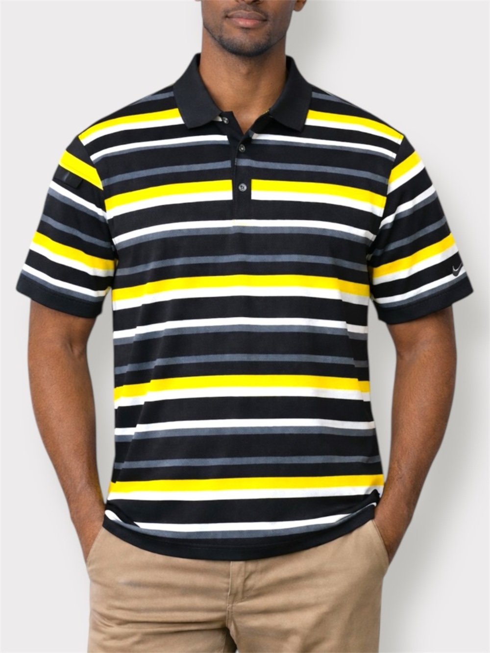 Nike Golf Tour Performance Dri-FIT Striped Polo Shirt Medium Black Yellow 
Grey